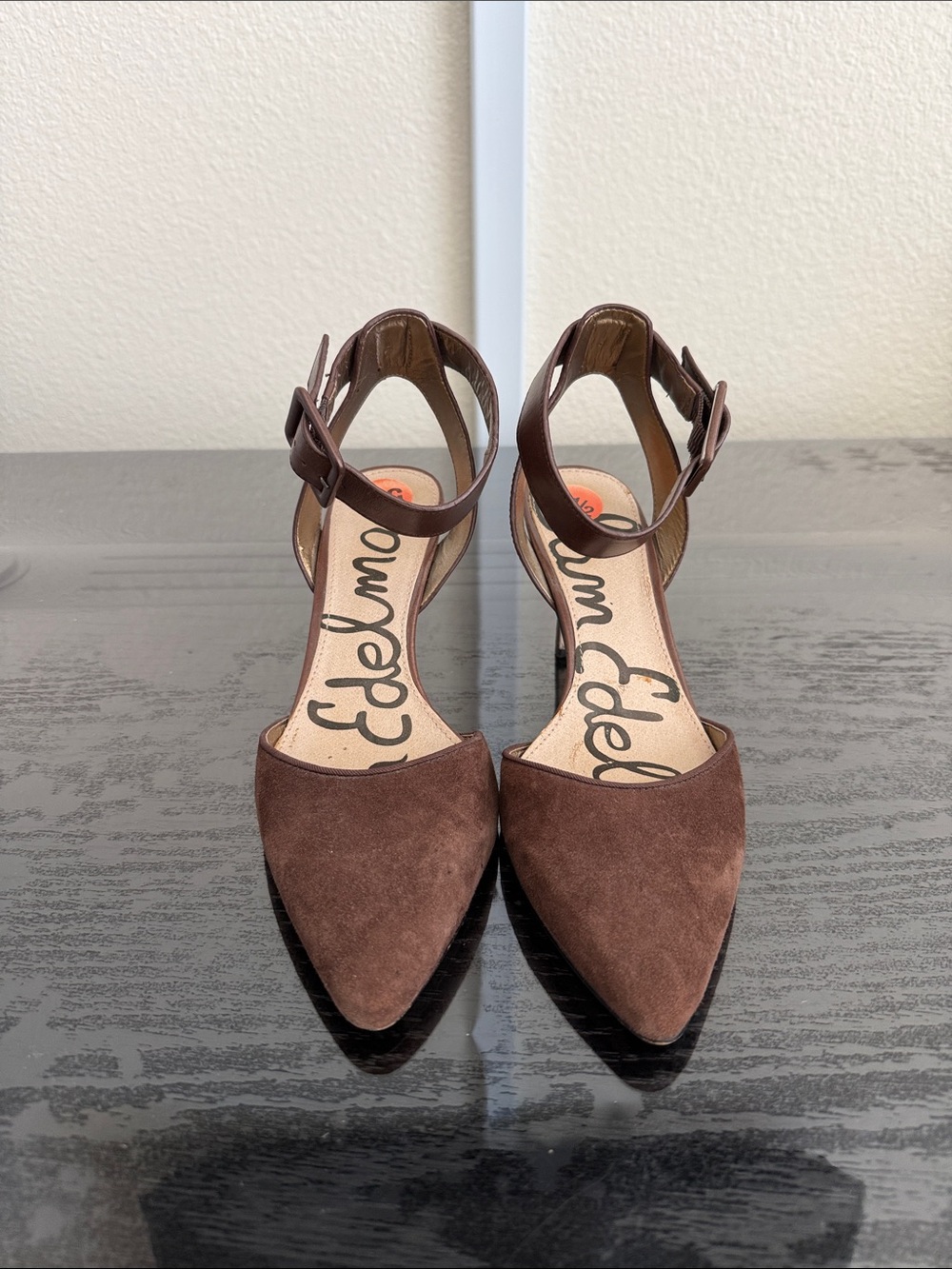 Sam Elderman Brown Suede Pointed-Toe Ankle-Strap Heels